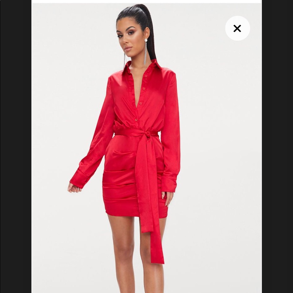 PrettyLittleThing Red Ruched Satin Shirt Dress